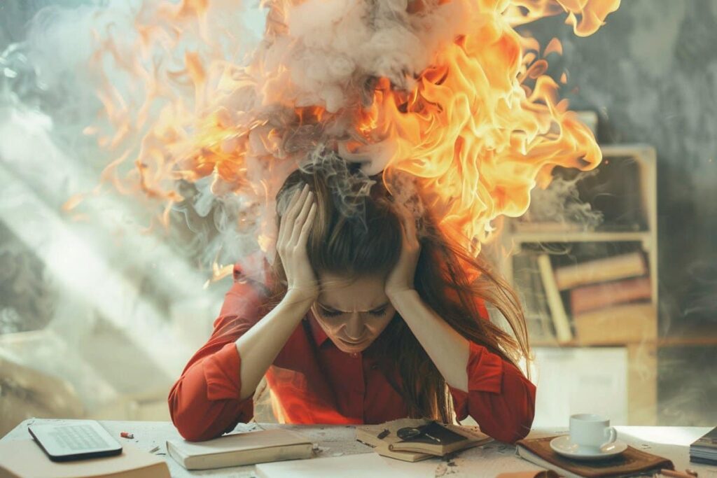 Μια γυναίκα κάθεται σε ένα γραφείο με μια έντονη έκφραση στρες και θυμού, κρατώντας το κεφάλι της με τα χέρια, ενώ από το κεφάλι της βγαίνουν φλογερές και καπνιστές φλόγες, δημιουργώντας την εικόνα ότι νιώθει υπερβολικό άγχος ή πίεση.