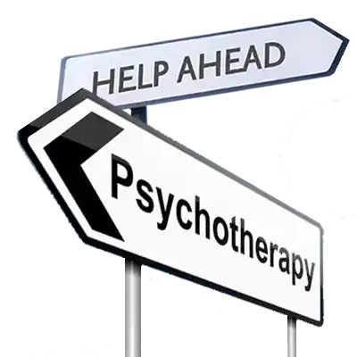 Δύο πινακίδες, η μία με ένδειξη "Help Ahead" και η άλλη με "Psychotherapy", τοποθετημένες σε στύλο, που δείχνουν προς την ίδια κατεύθυνση, συμβουλεύοντας για βοήθεια και ψυχοθεραπεία.