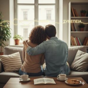 Ζευγάρι αγκαλιασμένο κάθεται σε καναπέ με τη λέξη συνέπεια απο πάνω τους
